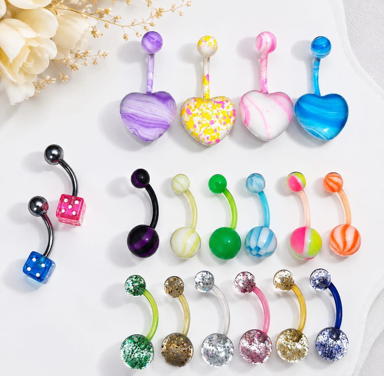 18Pcs Belly Button Rings for Women, Navel Belly Piercing Jewelry Set, Colorful Heart, Fashion Body Jewelry Assorted Styles
